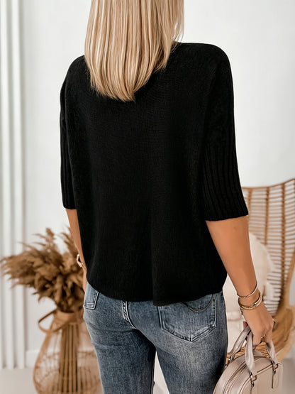 Comfortable Ribbed Sweater for Women with High Neck Elbow Sleeve Relaxed Oversized Knit Style