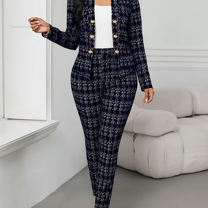 Elegant Plaid Two Piece Set for Women with Open Front Button Jacket Skinny Pant Formal Style