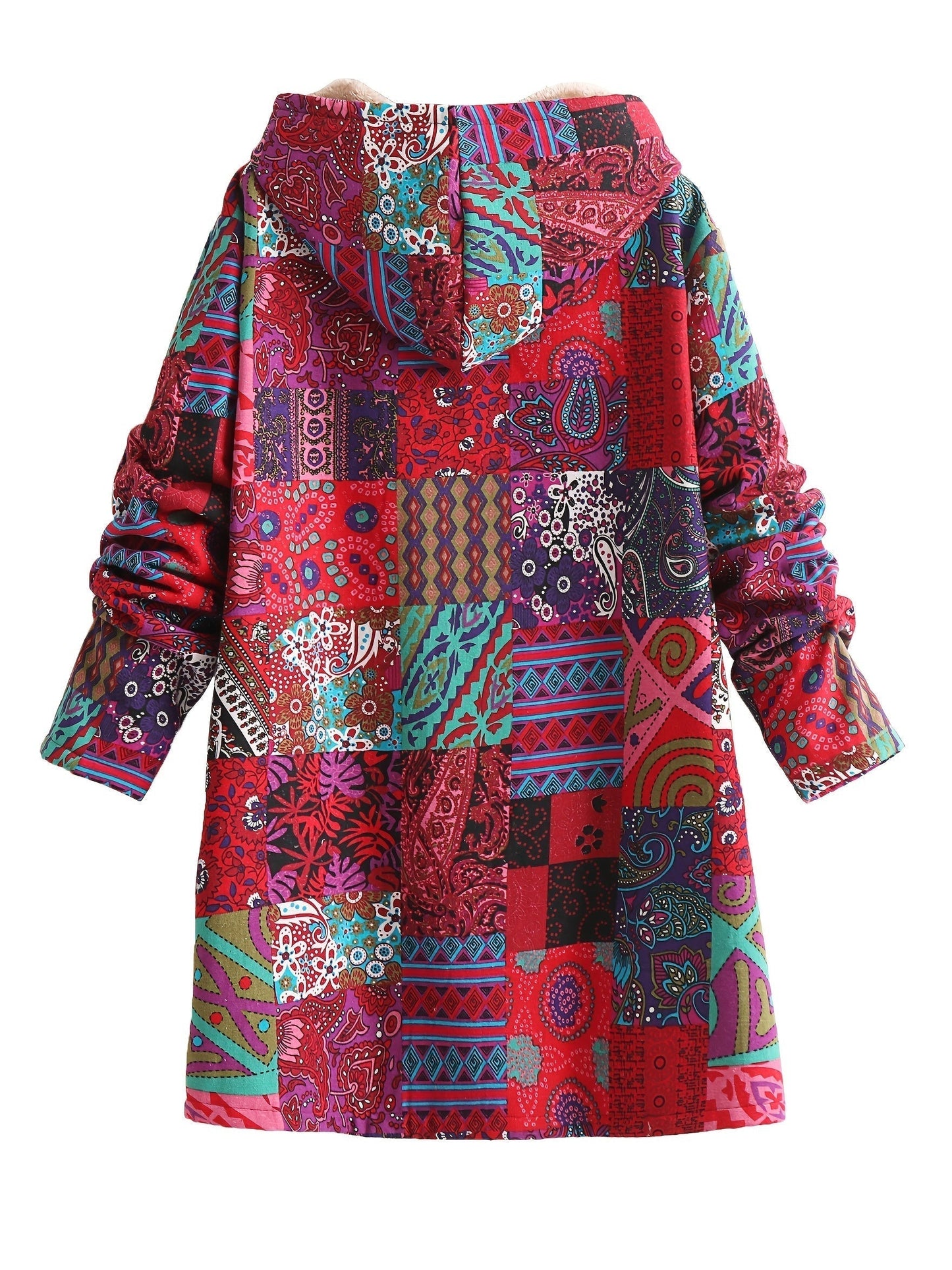 Effortless Patchwork Print Fleece Lined Coat for Women with Hooded Long Sleeve Button Front Oversized Bohemian Style