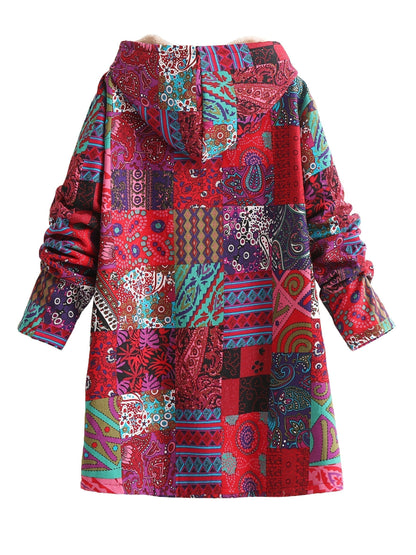 Effortless Patchwork Print Fleece Lined Coat for Women with Hooded Long Sleeve Button Front Oversized Bohemian Style