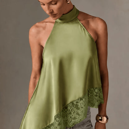 Elegant Satin Halter Top for Women with High Neck Sleeveless Lace Trim Asymmetric Flowing Style