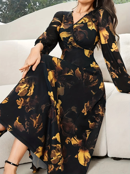 Elegant Black Floral Maxi Dress for Women with V Neck Bishop Sleeve Wrap Asymmetrical Hem Flowing Style