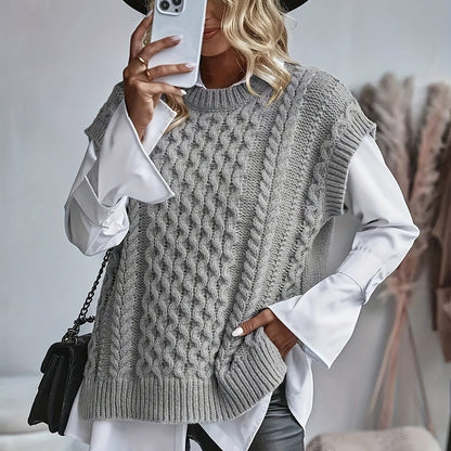 Comfortable Cable Knit Sweater Vest for Women with Crew Neck Sleeveless Chunky Oversized Style