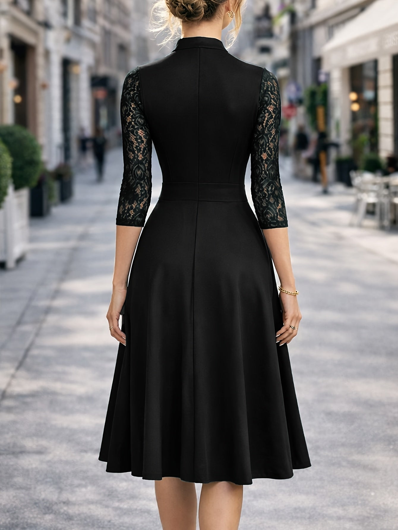 Elegant Lace Trim Midi Dress for Women with Notch Neck Three Quarter Sleeve Fit and Flare Cocktail Style