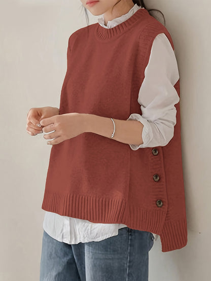 Comfortable Ribbed Knit Sweater Vest for Women with Mock Neck Sleeveless Side Button Relaxed Style