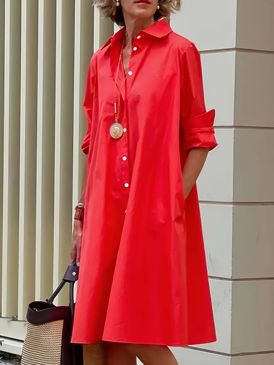 Elegant Red Shirt Dress for Women with Collar Long Sleeve Button Front A Line Flowing Style