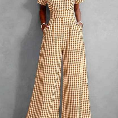 2026 Spring Summer New Plaid V-Neck Short Sleeve Jumpsuit Women'S High-Waist Wide-Leg Straight Long Pants, Women'S Commute Casual Two-Wear Jumpsuit, High-Waist Waist-Cinching Design with Flowing Wide-Leg Trousers