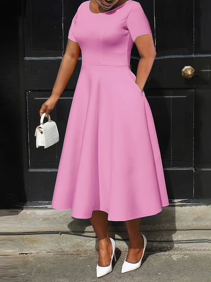 Plus Size - Plus Size - TB6513 Solid Waist-Defining Elegant Fashion Short Sleeve Dress