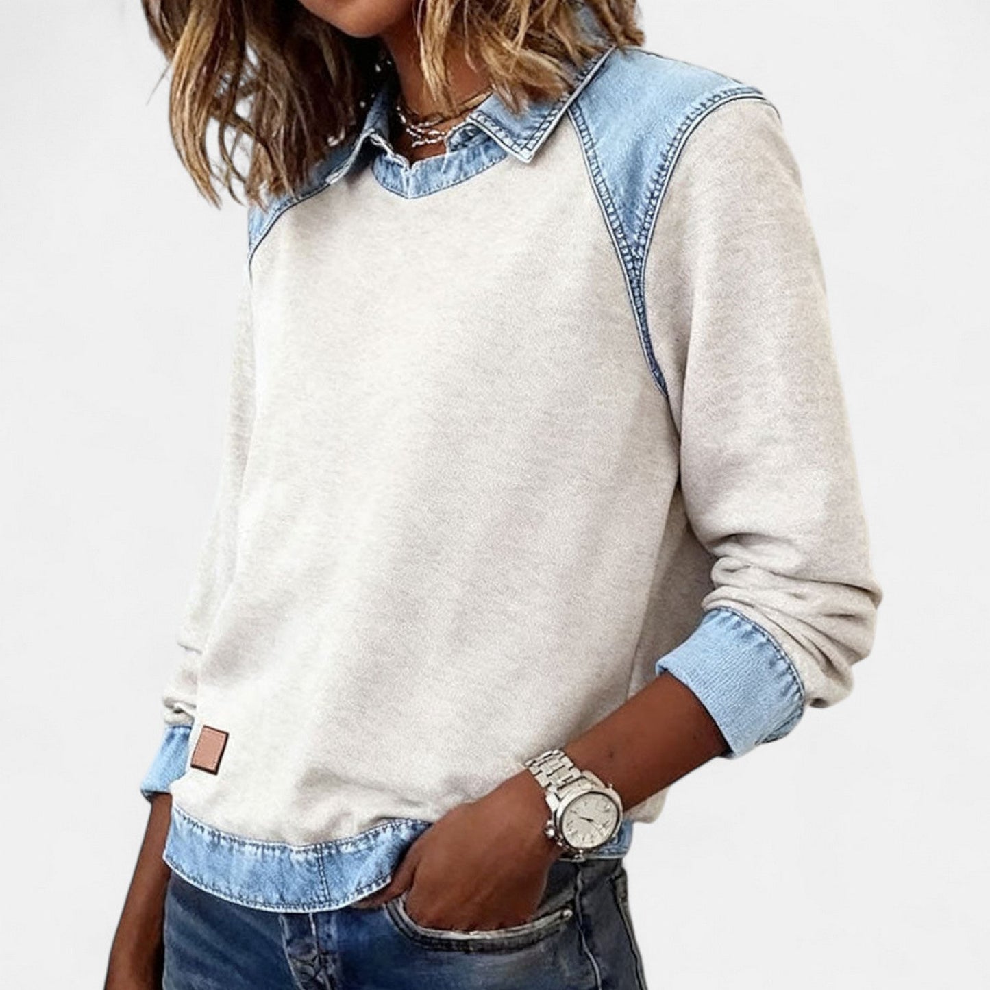 Comfortable Denim Trim Sweatshirt for Women with Layered Collar Long Sleeve Colorblock Casual Style