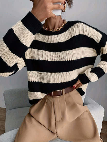 Comfortable Striped Sweater for Women with Crew Neck Long Sleeve Relaxed Oversized Knit Style