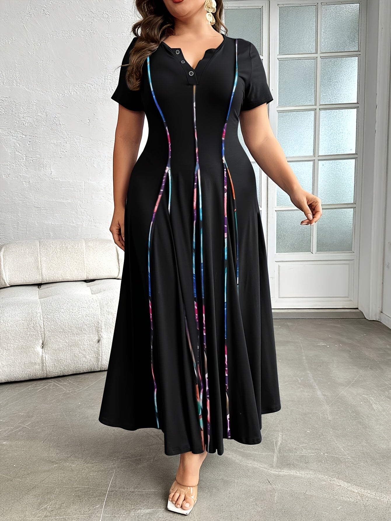 Plus Size - Plus Size - Ruched Detail V-Neck Dress, Suitable for Beach, Party, Summer, Casual, Vacation And Dating Dress
