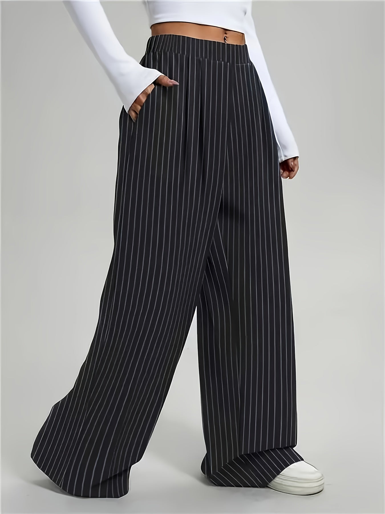Effortless Black Pinstripe Wide Leg Pants for Women with High Waist Pleated Relaxed Tailored Style