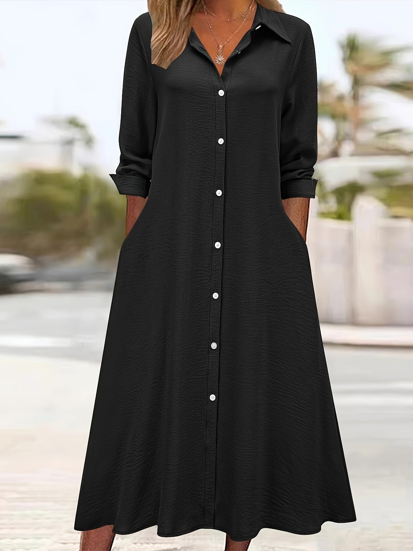 Elegant Button Front Shirt Dress for Women with Collar Long Sleeve A Line Flowing Style
