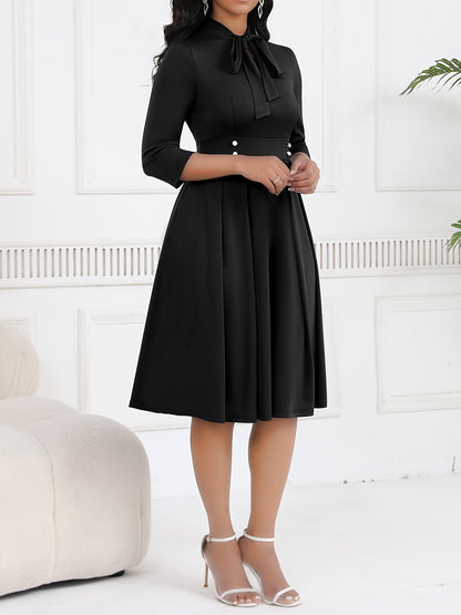 Elegant Bow Tie Midi Dress for Women with Stand Collar Elbow Sleeve Pleated Fit and Flare Style