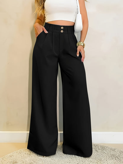 Elegant Tailored Wide Leg Pants for Women with High Waist Button Front Pleated Relaxed Style