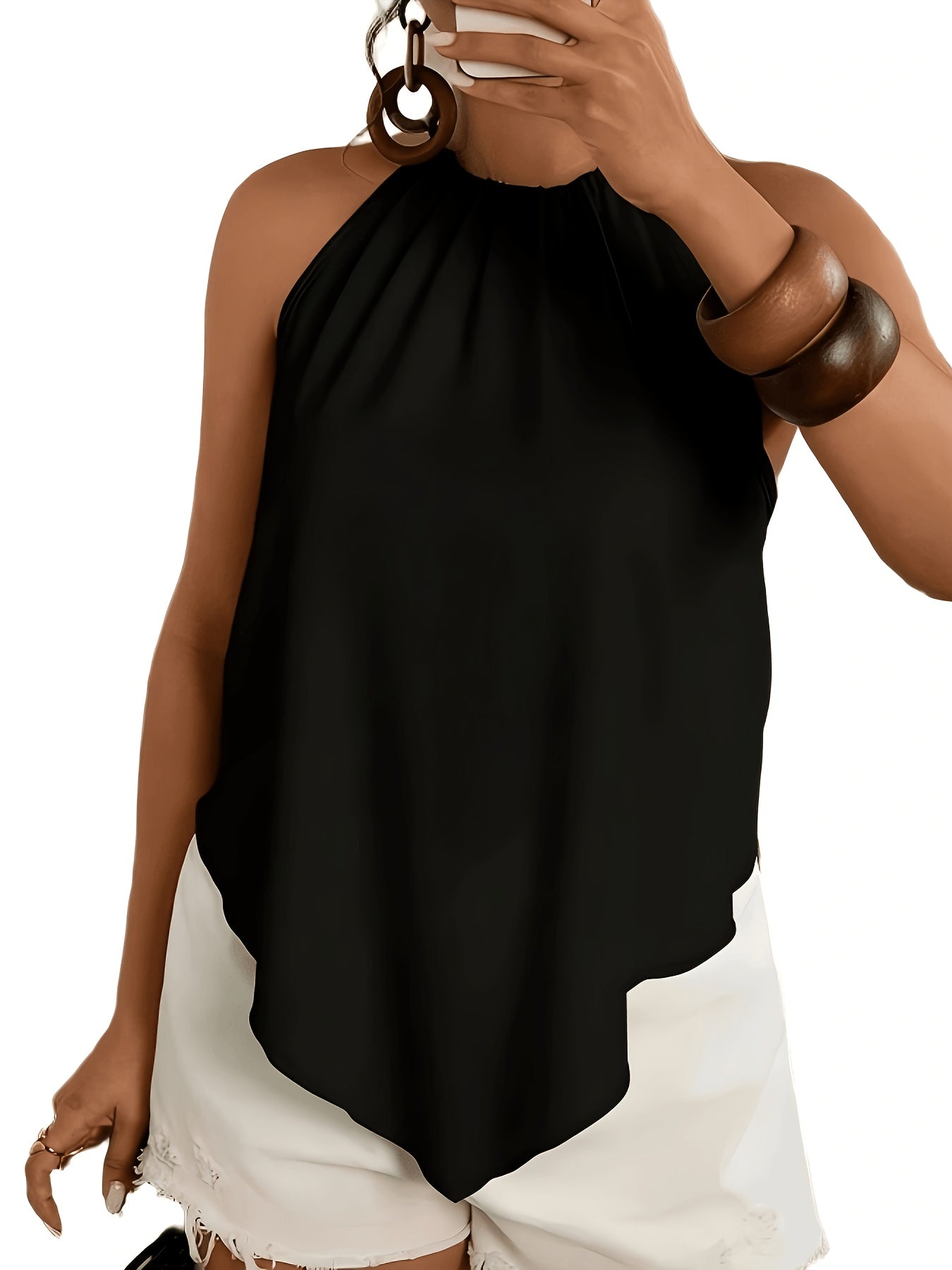 Effortless Halter Top for Women with Sleeveless Handkerchief Hem Tie Back Flowing Tank Style