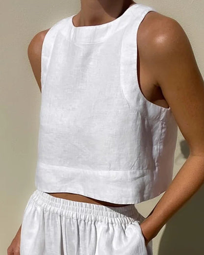 Effortless Linen Wide Leg Set for Women with Square Neck Sleeveless Cropped Two Piece Style
