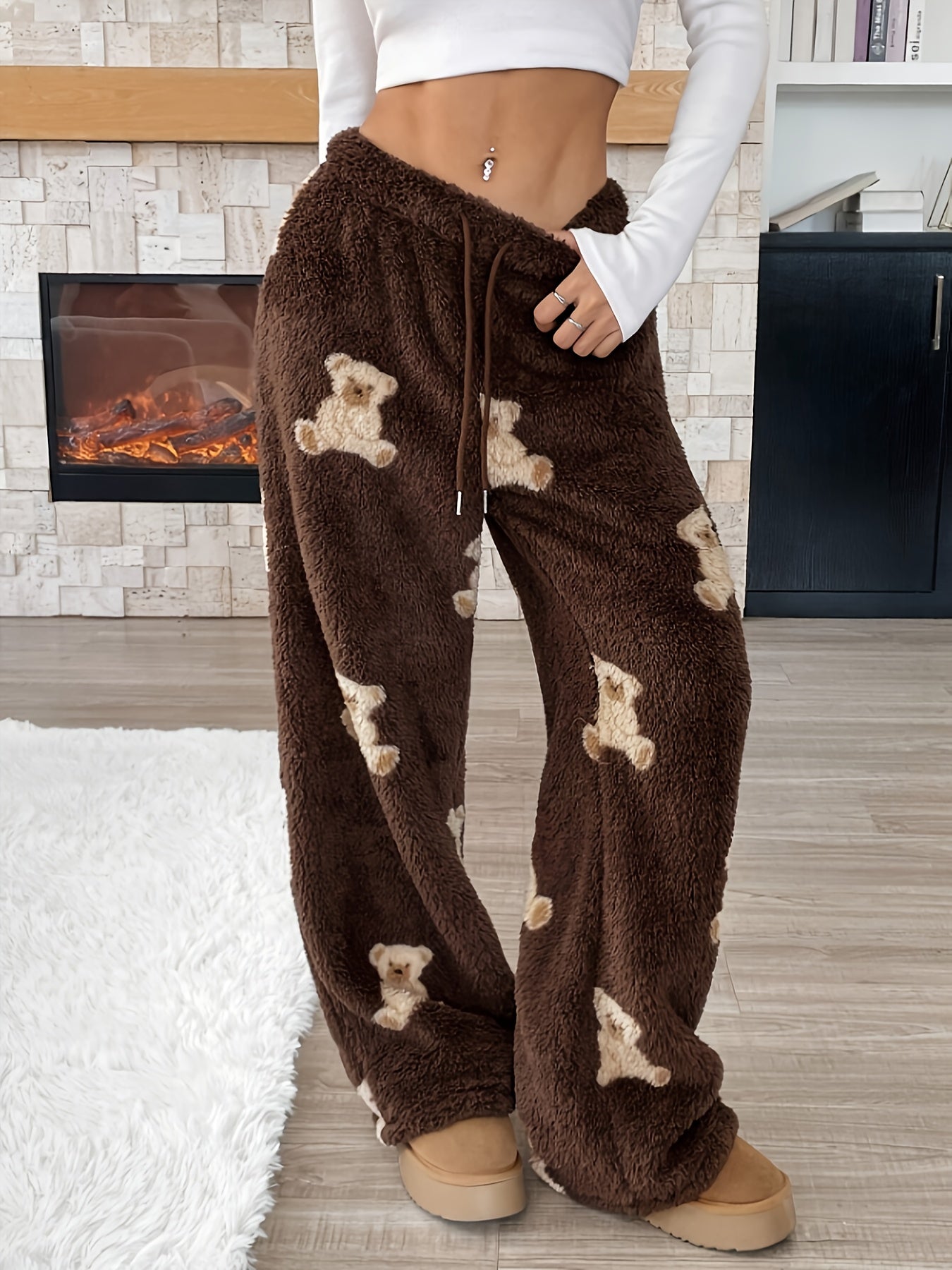 Women's Fashion  Pants with Cartoon Bear Pattern, Winter Warm Long Pants, Casual Home Pants