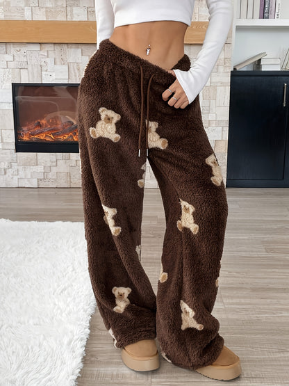 Women's Fashion  Pants with Cartoon Bear Pattern, Winter Warm Long Pants, Casual Home Pants