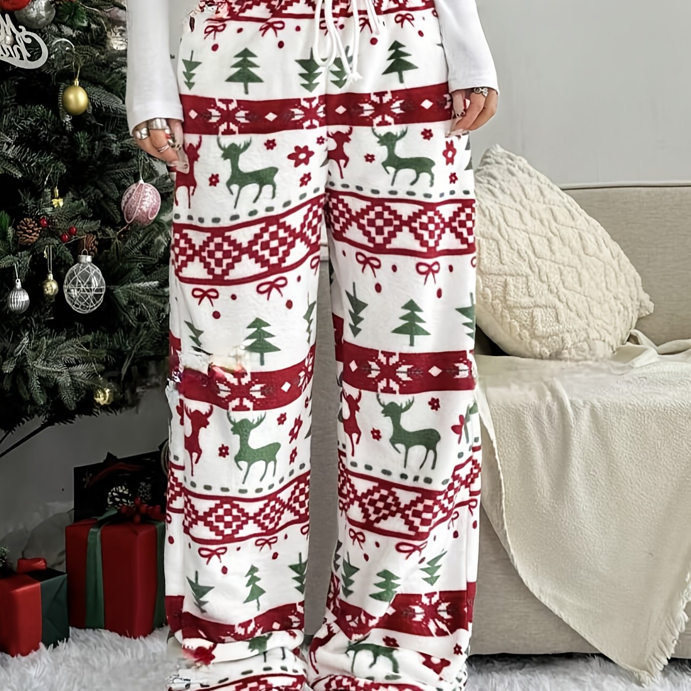 Christmas Style Drawstring Fleece Pants