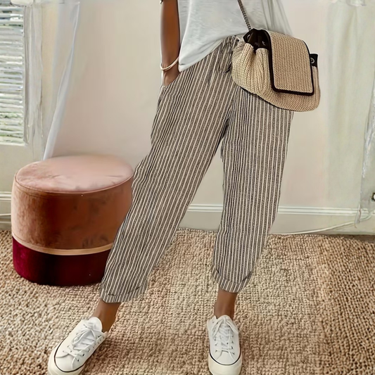 Effortless Striped Linen Pants for Women with High Waist Drawstring Cuffed Tapered Relaxed Style