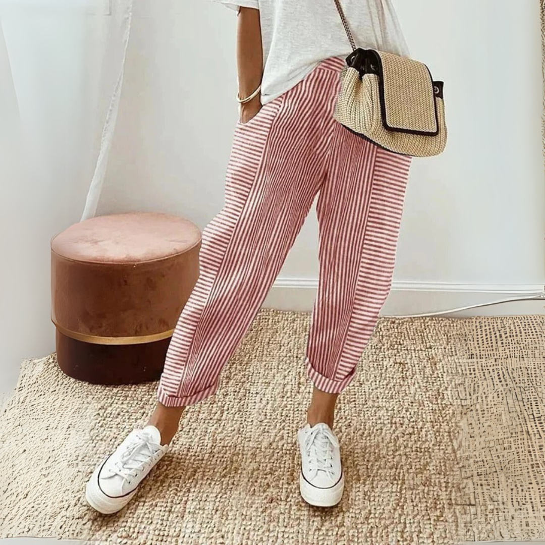 Effortless Striped Linen Pants for Women with High Waist Drawstring Cuffed Tapered Relaxed Style
