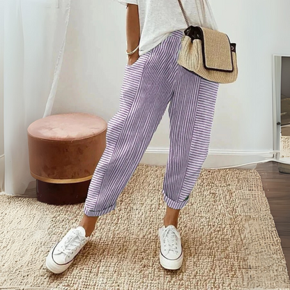 Effortless Striped Linen Pants for Women with High Waist Drawstring Cuffed Tapered Relaxed Style