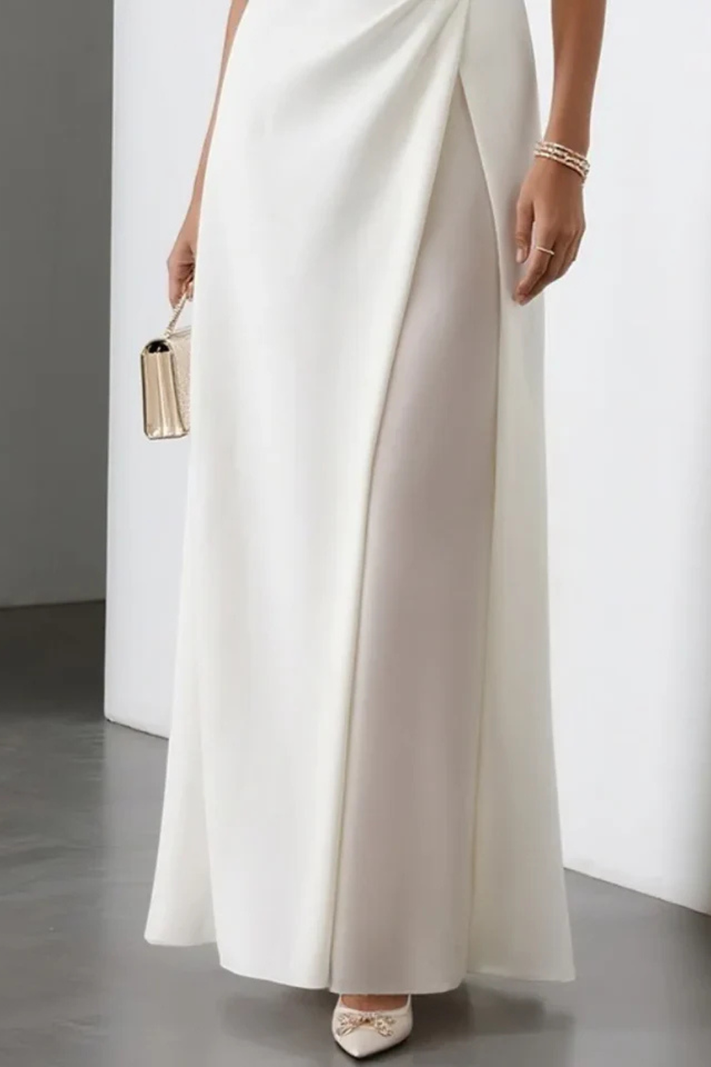 Elegant White Maxi Dress for Women with Boat Neck Sleeveless Draped Front Slit Formal Wedding Guest Style