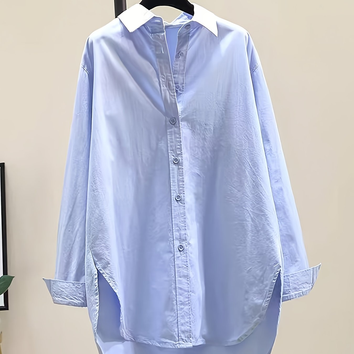 Effortless Cotton Blouse for Women with Point Collar Long Sleeve High Low Oversized Style