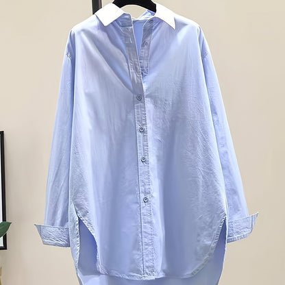 Effortless Cotton Blouse for Women with Point Collar Long Sleeve High Low Oversized Style