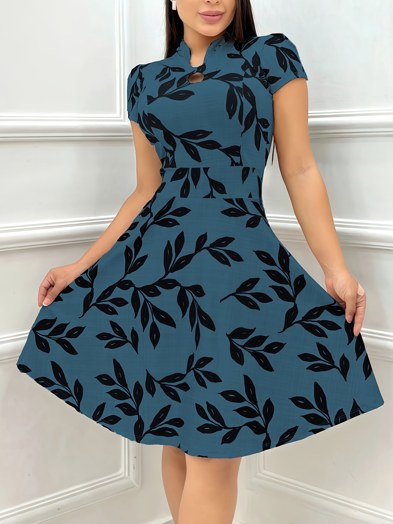 Elegant Leaf Print Fit and Flare Dress for Women with Keyhole Mock Neck Cap Sleeve Flowing Style