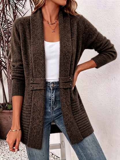 Effortless Ribbed Cardigan Sweater for Women with Shawl Collar Long Sleeve Button Tab Relaxed Style