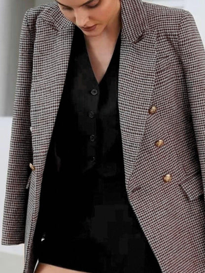 Elegant Coffee Brown Houndstooth Three Piece Set for Women with Notch Lapel Double Breasted Blazer Vest Shorts Formal Style