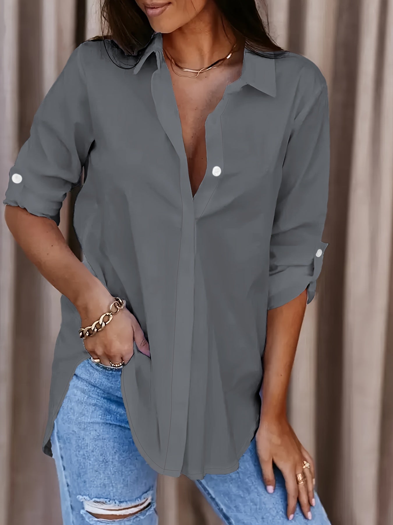 Effortless Blouse for Women with Collar Long Sleeve Roll Tab Oversized Casual Style