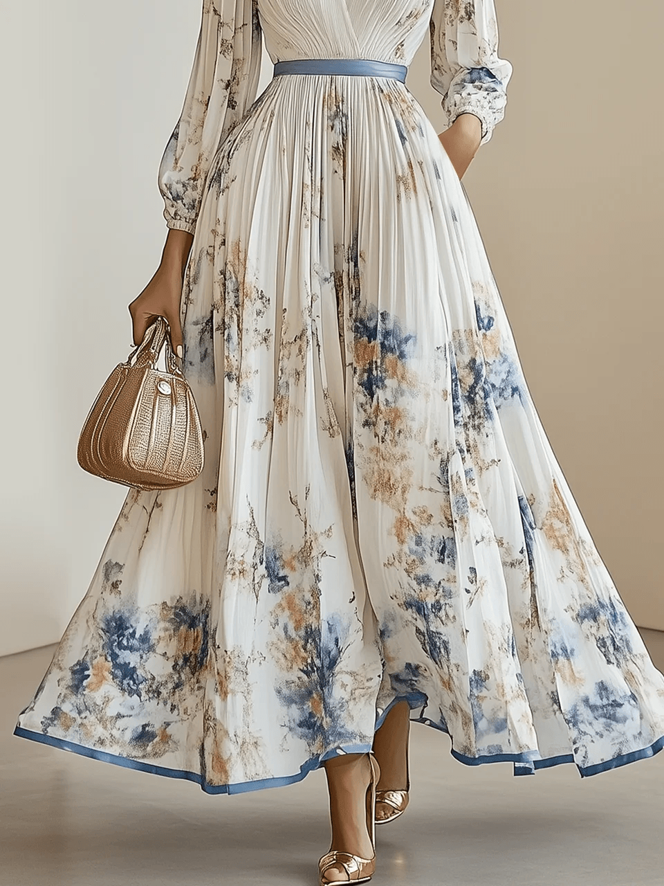 Elegant White Floral Maxi Dress for Women with V Neck Long Sleeve Pleated Belted Flowing Style