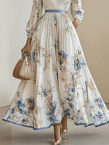 Elegant White Floral Maxi Dress for Women with V Neck Long Sleeve Pleated Belted Flowing Style