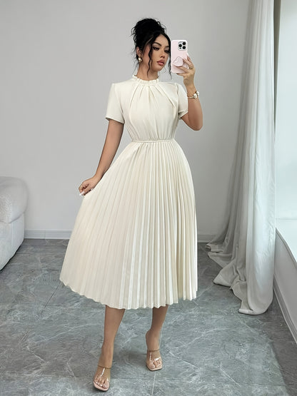 ZLLZ Trendy Summer New Style Women'S Solid Color Teardrop Back Collar Light Luxury Pearl Button Decoration with Waist-Cinching Pleated A-Line Design, Fashionable And, Women'S Fashion Dress Party Elegant Style Dress