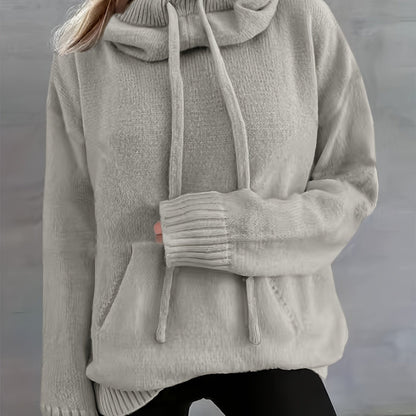 Comfortable Knit Sweater for Women with Cowl Neck Long Sleeve Drawstring Oversized Style