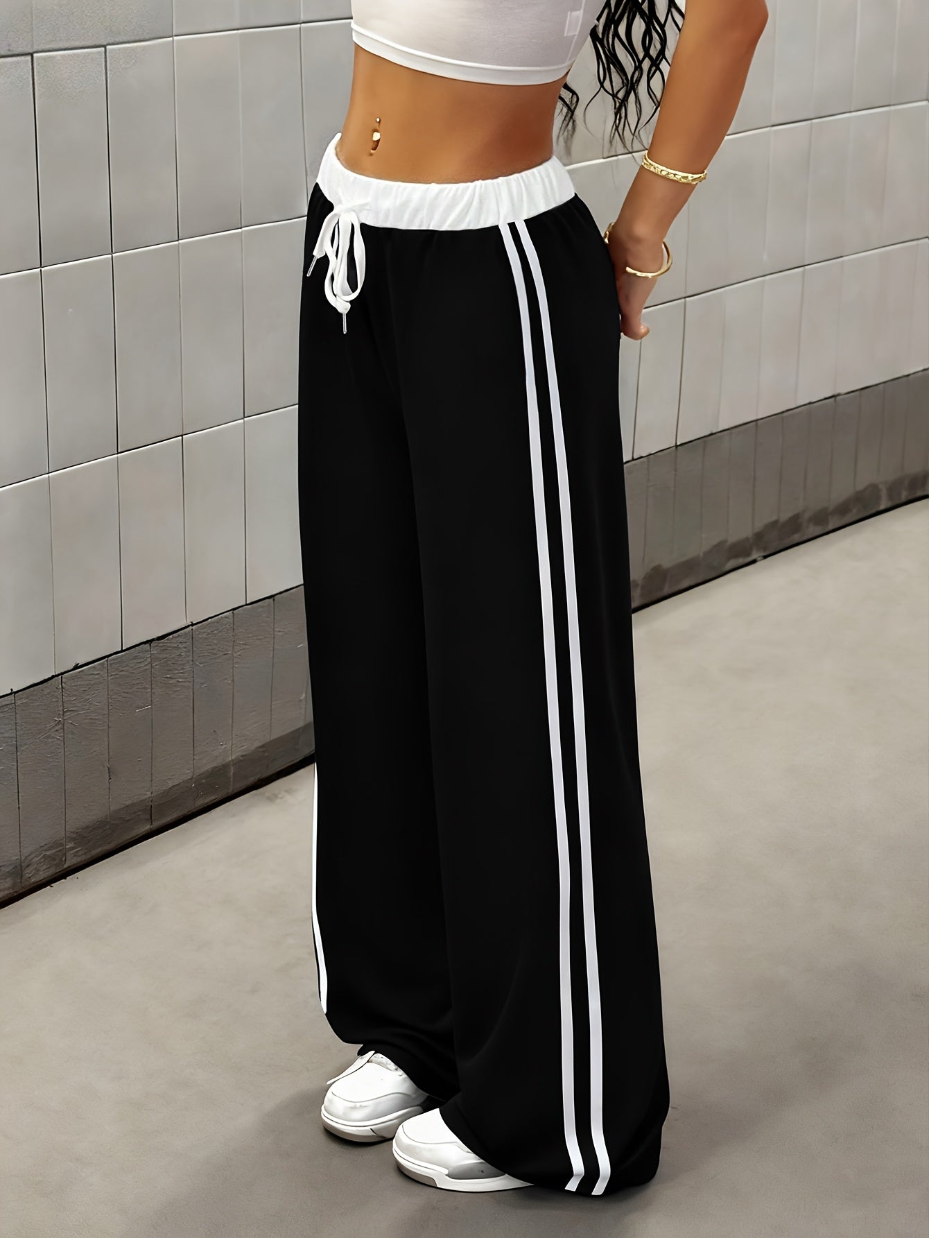 Effortless Wide Leg Track Pants for Women with Drawstring Waist Side Stripe Relaxed Sporty Style