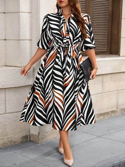 Women's Elegant Long Dress with Belt, V-Neck Leaf Patterned Brown Striped Black and White, Suitable for Festive Occasions Like New Year, Valentine's Day, Plus Size