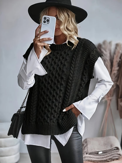 Comfortable Cable Knit Sweater Vest for Women with Crew Neck Sleeveless Chunky Oversized Style