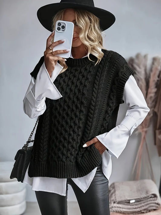 Comfortable Cable Knit Sweater Vest for Women with Crew Neck Sleeveless Chunky Oversized Style