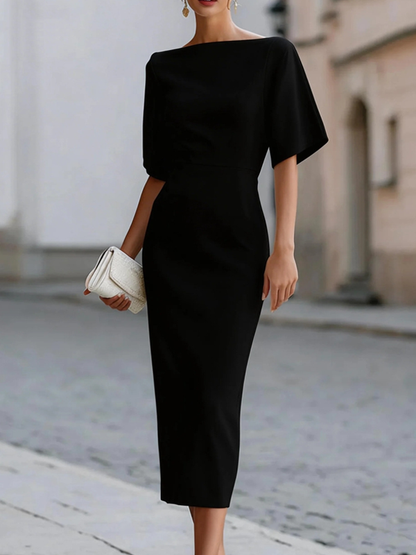 Elegant Sheath Midi Dress for Women with Boat Neck Flutter Sleeve Bodycon Cocktail Style