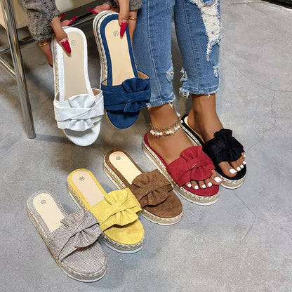Comfortable Slide Sandals for Women with Bow Detail Espadrille Platform Open Toe Style