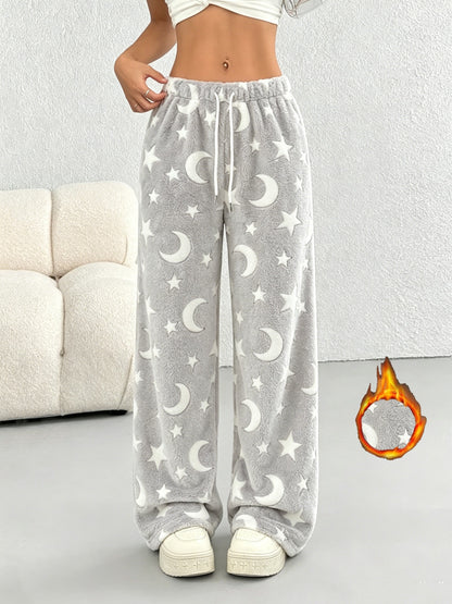Women'S Autumn Winter Fleece Thickened Star Pattern Belt Drawstring Wide-Leg Long Pants Suitable for Outdoor Indoor Casual Plush Trousers Pants