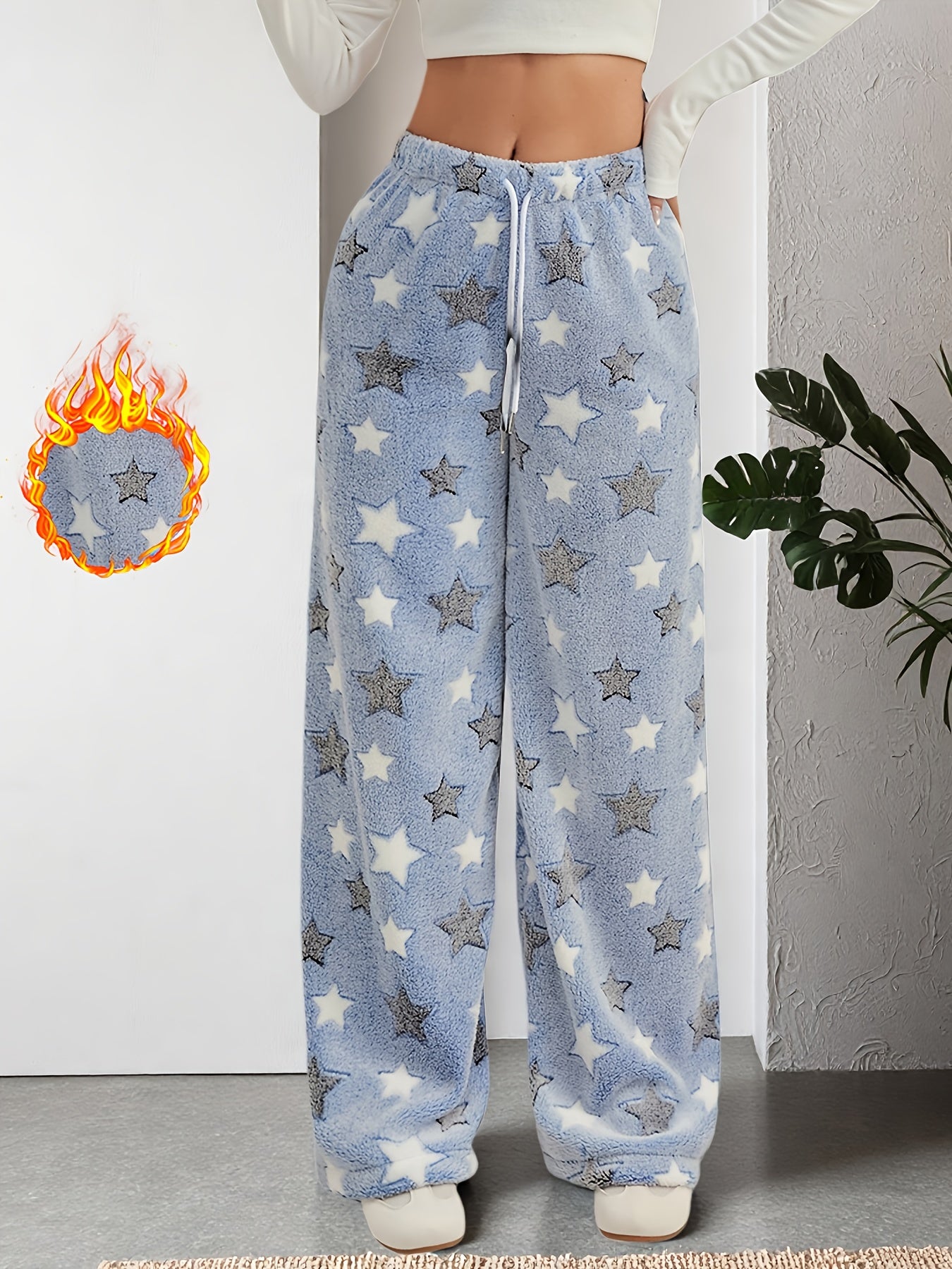Women'S Autumn Winter Fleece Thickened Star Pattern Belt Drawstring Wide-Leg Long Pants Suitable for Outdoor Indoor Casual Plush Trousers Pants