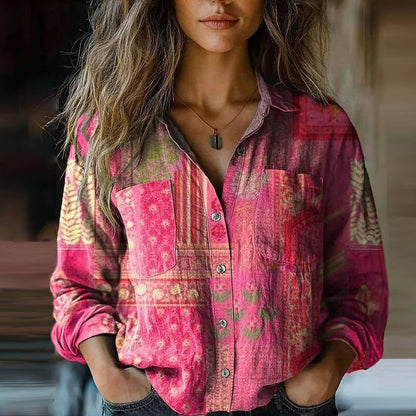 Effortless Printed Blouse for Women with Collar Long Sleeve Button Front Pocket Boho Style