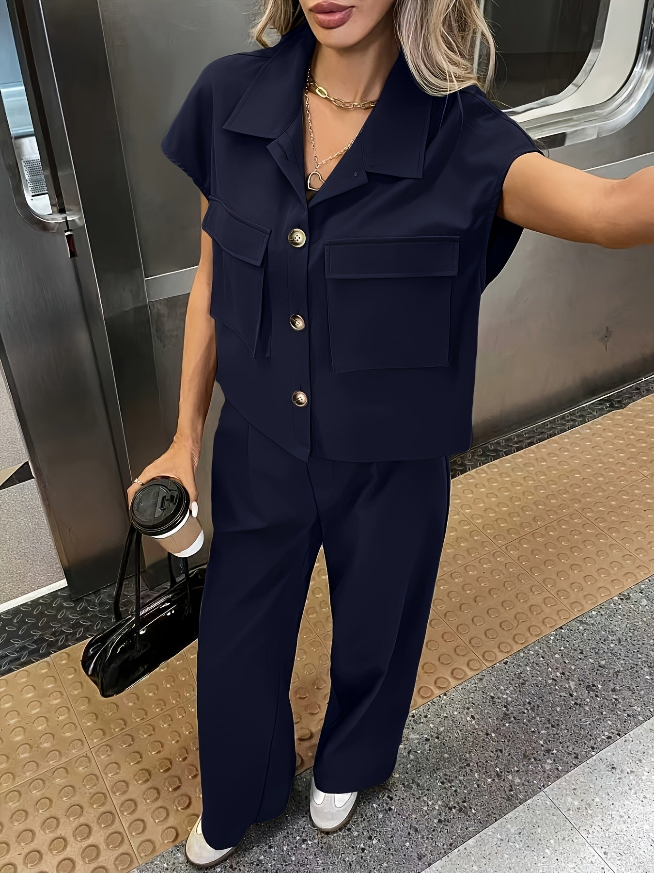 Effortless Utility Wide Leg Set for Women with Collar Cap Sleeve Cargo Pocket Two Piece Style