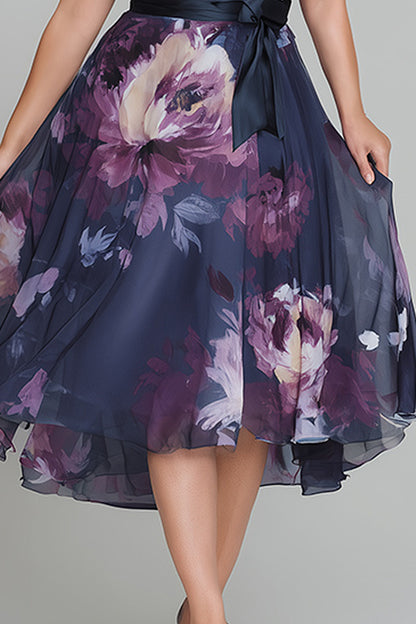 Elegant Navy Blue Floral Midi Dress for Women with V Neck Cap Sleeve Wrap Tie Waist Flowing Style