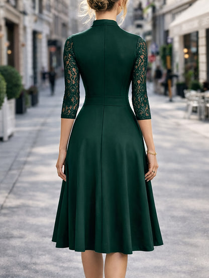 Elegant Lace Trim Midi Dress for Women with Notch Neck Three Quarter Sleeve Fit and Flare Cocktail Style